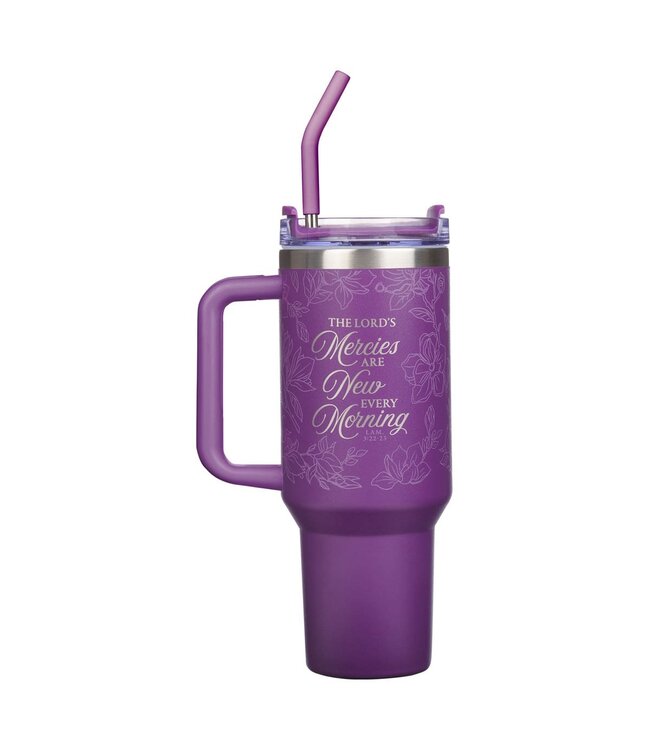 New Mercies Purple Floral 40 oz Stainless Steel Tumbler with Straw - Lamentations 3:22-23 | 40 盎司不銹鋼隨行杯（附吸管）