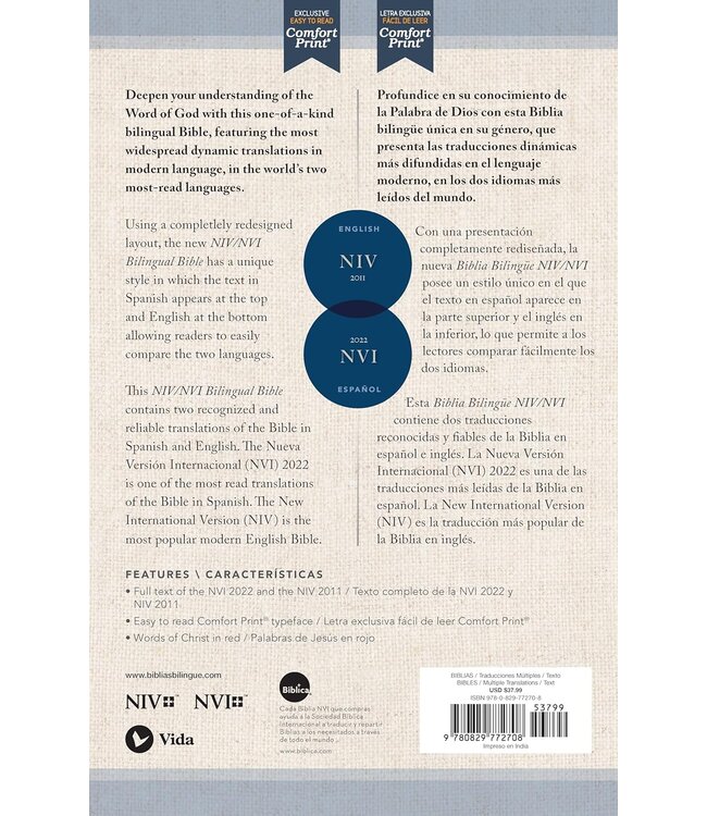 Niv/NVI Bilingual Bible, Revised Text 2022, Leathersoft, Navy / Niv/Nvi, Biblia Bilingüe, Revisión 2022, Leathersoft, Azul Añil