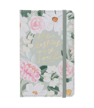 Christian Art Gifts He Restores My Soul Green Floral Faux Leather Hardcover Notebook with Elastic Closure - Psalm 23:3 | 仿皮硬面筆記本，附彈性束帶封口