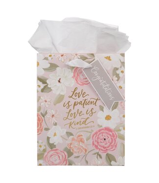 Christian Art Gifts Love is Patient Pink Floral Medium Gift Bag – 1 Corinthians 13:4 | 中型禮物袋