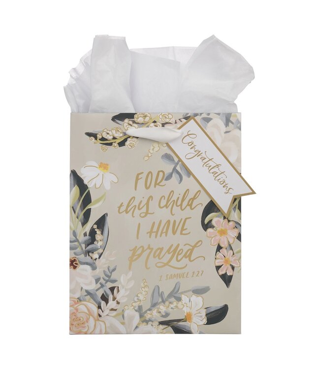 For This Child I Have Prayed Tan Floral Medium Gift Bag - 1 Samuel 1:27 | 中型禮物袋