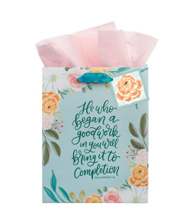 He Who Began a Good Work Turquoise Floral Medium Gift Bag - Philippians 1:6 | 中型禮物袋