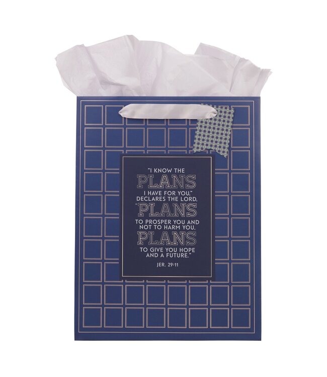 The Plans Modern Blue Grid Large Portrait Gift Bag - Jeremiah 29:11 | 大型禮物袋