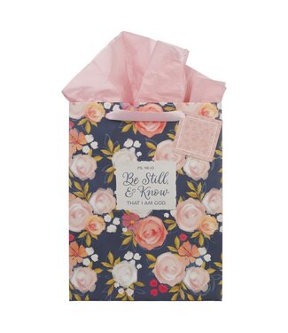 Christian Art Gifts Be Still and Know Painted Peonies Large Portrait Gift Bag - Psalm 46:10 | 大型禮物袋
