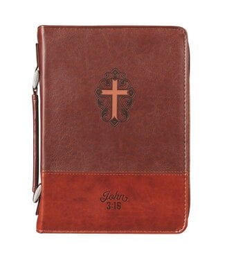 Christian Art Gifts John 3:16 Two-Tone Brown Faux Leather Bible Cover With Cross | 仿皮聖經套