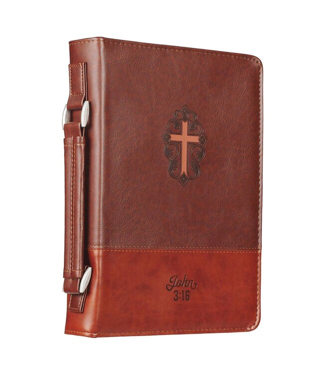 John 3:16 Two-Tone Brown Faux Leather Bible Cover With Cross | 仿皮聖經套