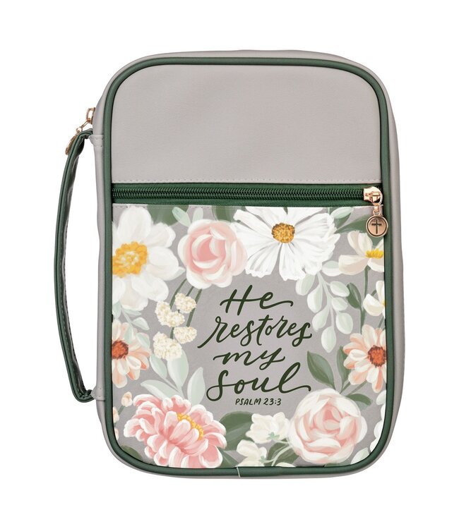 He Restores My Soul Gray Faux Leather Fashion Bible Cover - Psalm 23:3 | 仿皮聖經套
