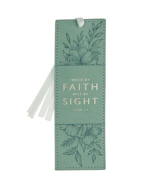 Christian Art Gifts Faith Teal Floral Faux Leather Bookmark - 2 Corinthians 5:7 | 仿皮書籤