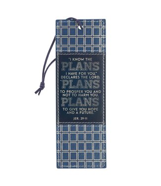 Christian Art Gifts Plans Modern Blue Grid Faux Leather Bookmark - Jeremiah 29:11 | 仿皮書籤