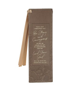 Christian Art Gifts Strong and Courageous Brown Faux Leather Bookmark - Joshua 1:9 | 仿皮書籤