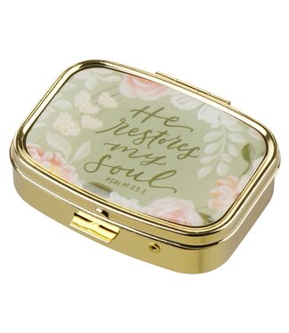Christian Art Gifts He Restores My Soul Green Floral Pill Case - Psalm 23:3 | 便攜藥盒