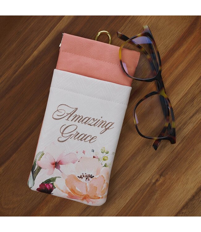 Amazing Grace Cream and Coral Floral Faux Leather Double Eyeglass Case | 仿皮眼鏡袋