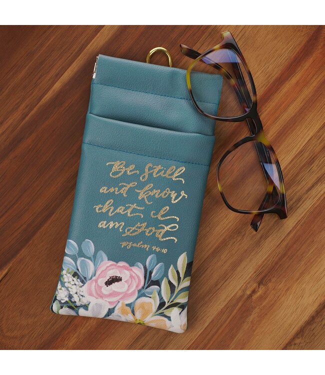 Be Still Teal Floral Faux Leather Double Eyeglass Case - Psalm 46:10 | 仿皮眼鏡袋