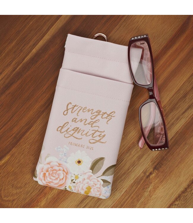 Strength and Dignity Pink Floral Faux Leather Double Eyeglass Case - Proverbs 31:25 | 仿皮眼鏡袋