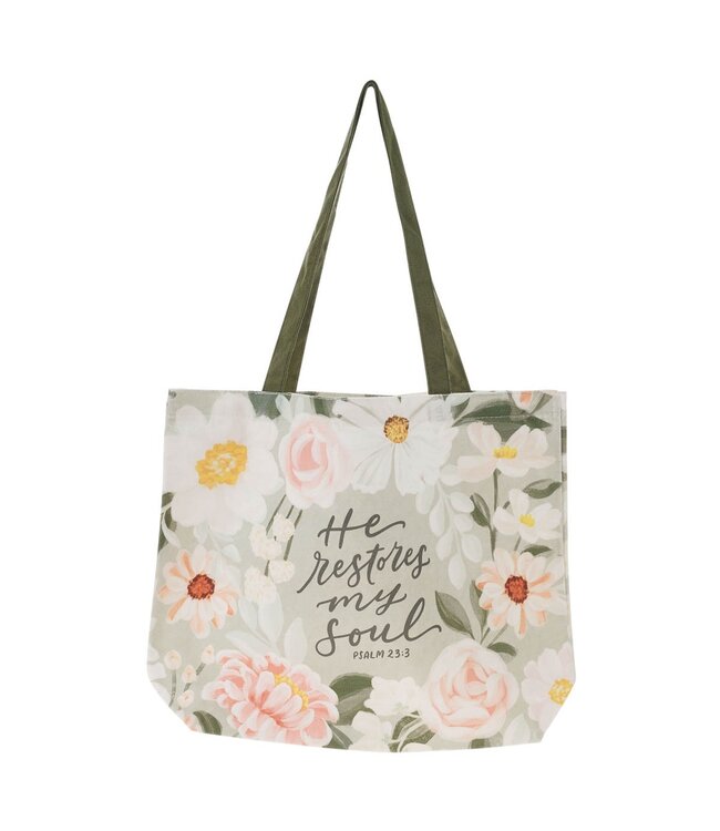 He Restores My Soul Green Floral Garden Tote Bag - Psalm 23:3 | 帆布袋