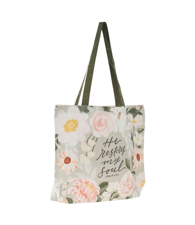 He Restores My Soul Green Floral Garden Tote Bag - Psalm 23:3 | 帆布袋