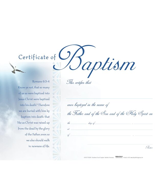 Certificate of Baptism - Flat with Clouds (Package of 6): Romans 6:3-4 (KJV) | 洗禮證書（6張）