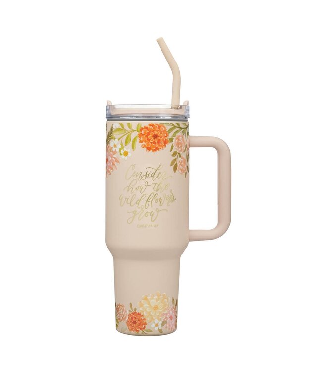Consider the Wildflowers 40 oz Peach Stainless Steel Tumbler with Reusable Straw - Luke 12:27 | 40 盎司保溫杯搭配可重複使用的吸管