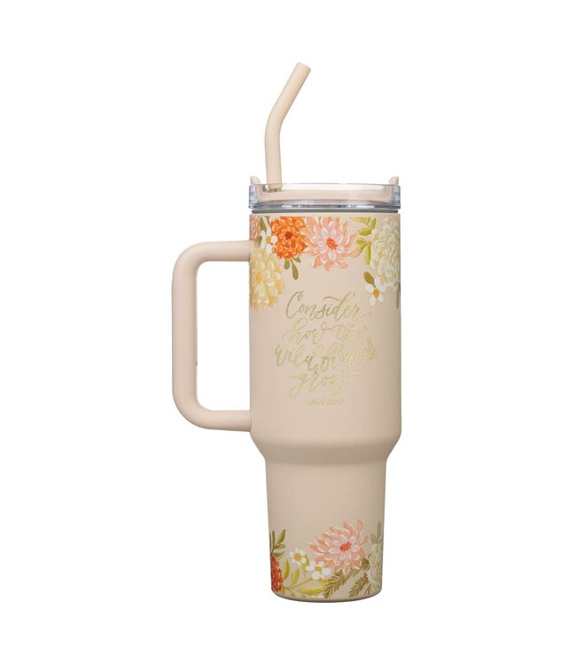 Consider the Wildflowers 40 oz Peach Stainless Steel Tumbler with Reusable Straw - Luke 12:27 | 40 盎司保溫杯搭配可重複使用的吸管