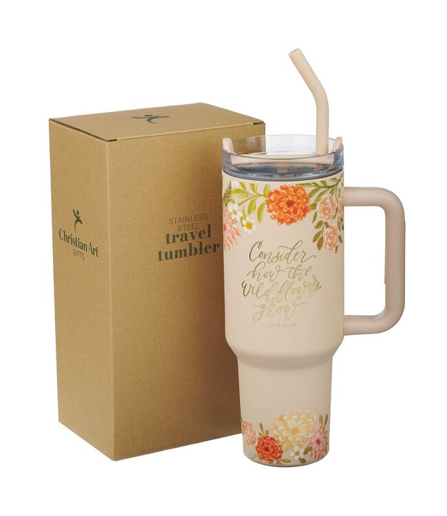 Consider the Wildflowers 40 oz Peach Stainless Steel Tumbler with Reusable Straw - Luke 12:27 | 40 盎司保溫杯搭配可重複使用的吸管