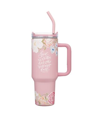 Christian Art Gifts God is With Her Pink Floral 40 oz Stainless Steel Tumbler with Straw | 40 盎司不鏽鋼旅行杯連吸管