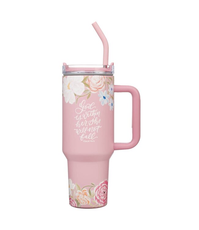 God is With Her Pink Floral 40 oz Stainless Steel Tumbler with Straw | 40 盎司不鏽鋼旅行杯連吸管