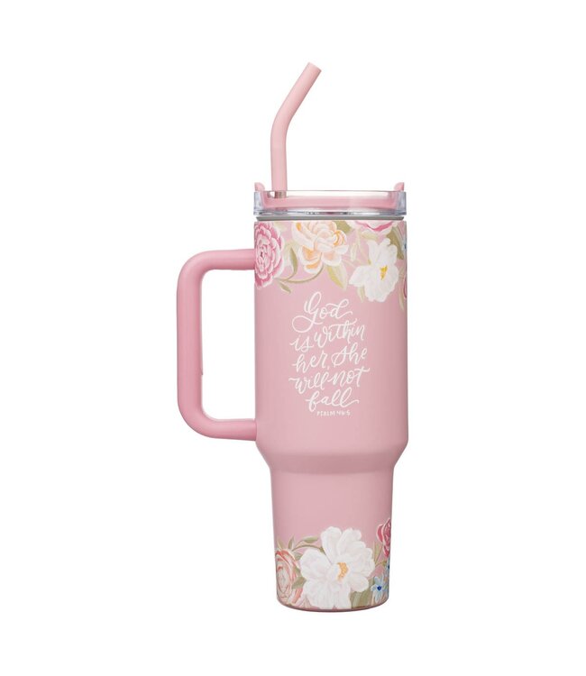 God is With Her Pink Floral 40 oz Stainless Steel Tumbler with Straw | 40 盎司不鏽鋼旅行杯連吸管