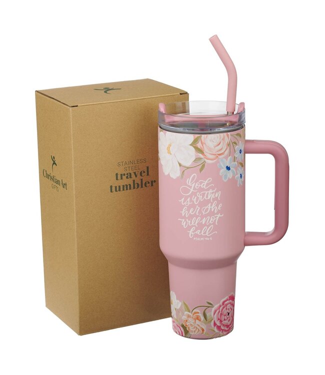 God is With Her Pink Floral 40 oz Stainless Steel Tumbler with Straw | 40 盎司不鏽鋼旅行杯連吸管