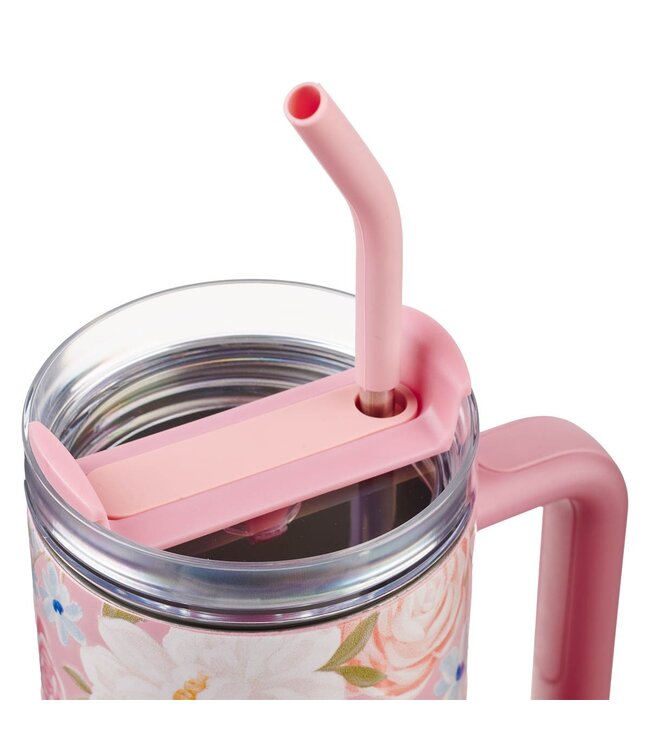 God is With Her Pink Floral 40 oz Stainless Steel Tumbler with Straw | 40 盎司不鏽鋼旅行杯連吸管