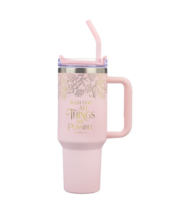 Things Are Possible Blush 40 oz Stainless Steel Travel Tumbler - Matthew 19:26 | 40 盎司不鏽鋼旅行杯連吸管
