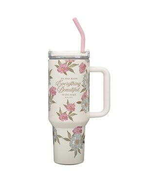 Christian Art Gifts Everything Beautiful Whimsical Blooms 40 oz Stainless Steel Travel Tumbler - Ecclesiastes 3:11 | 40 盎司不鏽鋼旅行杯連吸管