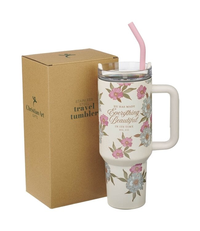 Everything Beautiful Whimsical Blooms 40 oz Stainless Steel Travel Tumbler - Ecclesiastes 3:11 | 40 盎司不鏽鋼旅行杯連吸管