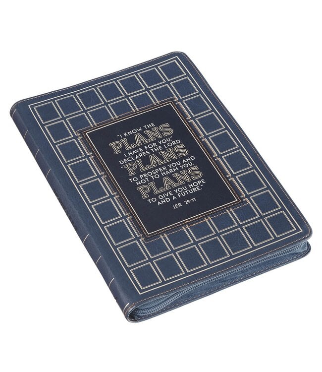 The Plans Modern Blue Grid Classic Journal with Zipper Closure - Jeremiah 29:11 | 現代藍格紋經典筆記本，附拉鍊封口