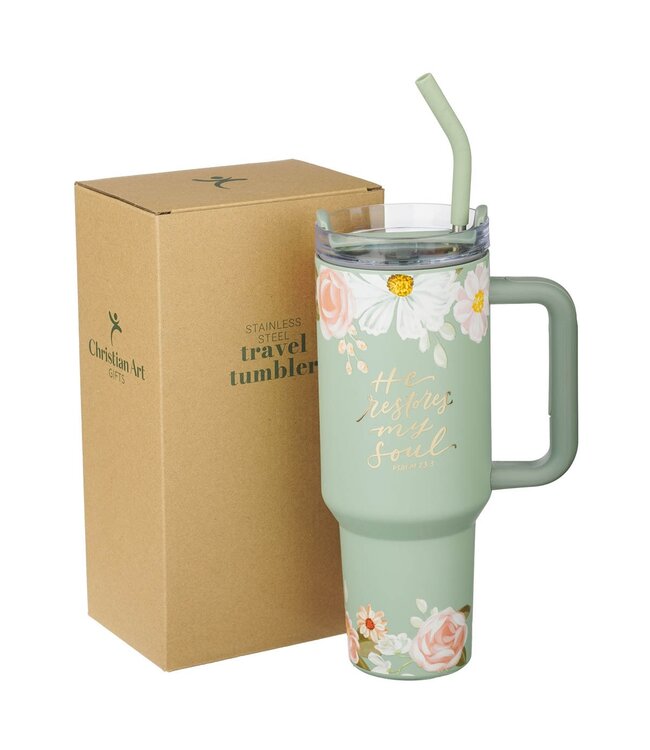 He Restores My Soul 40 oz Stainless Steel Travel Tumbler - Psalm 23:3 | 40盎司不鏽鋼吸管杯