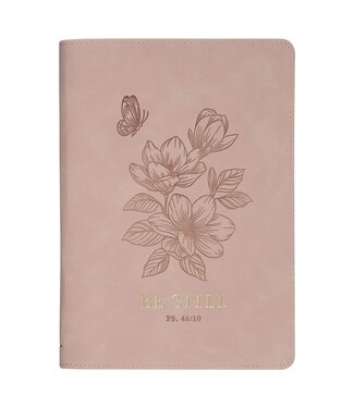Christian Art Gifts Be Still Pink Floral Faux Leather Classic Journal with Zipper Closure - Psalm 46:10 | 仿皮筆記本，附拉鍊封口