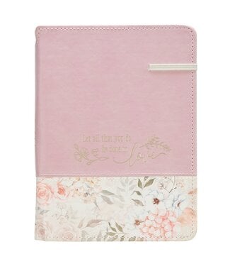Christian Art Gifts Done in Love Pink Floral Classic Journal with Elastic Closure and Pen Holder - 1 Corinthians 16:14 | 仿皮筆記本 附彈性封口與筆插