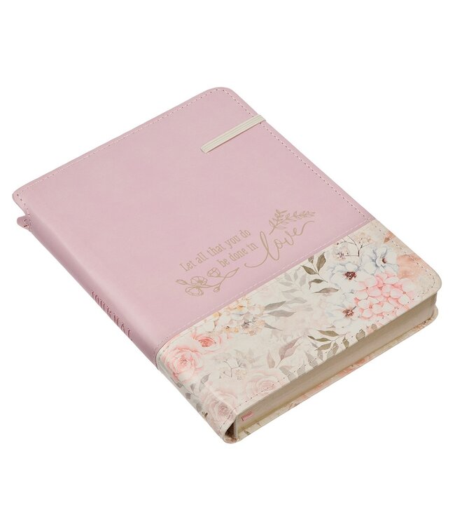 Done in Love Pink Floral Classic Journal with Elastic Closure and Pen Holder - 1 Corinthians 16:14 | 仿皮筆記本 附彈性封口與筆插