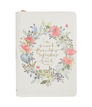 Christian Art Gifts A Sweet Friendship Bright Floral Wreath Faux Leather Classic Journal with Zipper Closure - Proverbs 27:9 | 仿皮拉鍊筆記本