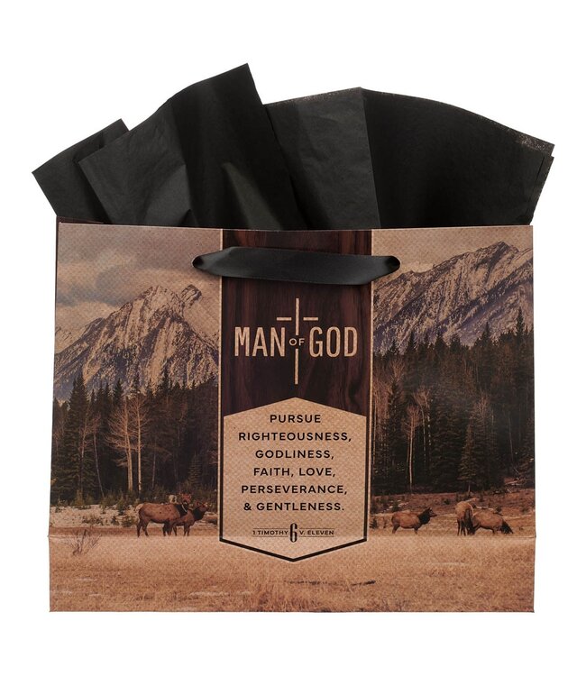 Man of God Brown Trailhead Large Landscape Gift Bag - 1 Timothy 6:11 | 禮物袋（大）