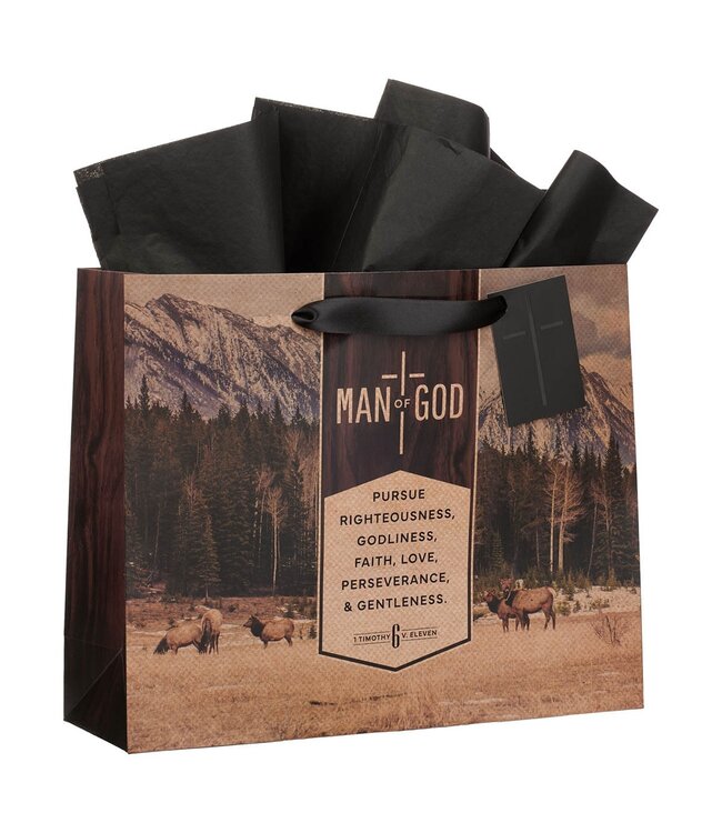 Man of God Brown Trailhead Large Landscape Gift Bag - 1 Timothy 6:11 | 禮物袋（大）