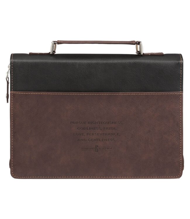 Pursue Righteousness Black and Walnut Brown Faux Leather Classic Bible Cover - 1 Timothy 6:11 | 仿皮經典聖經套