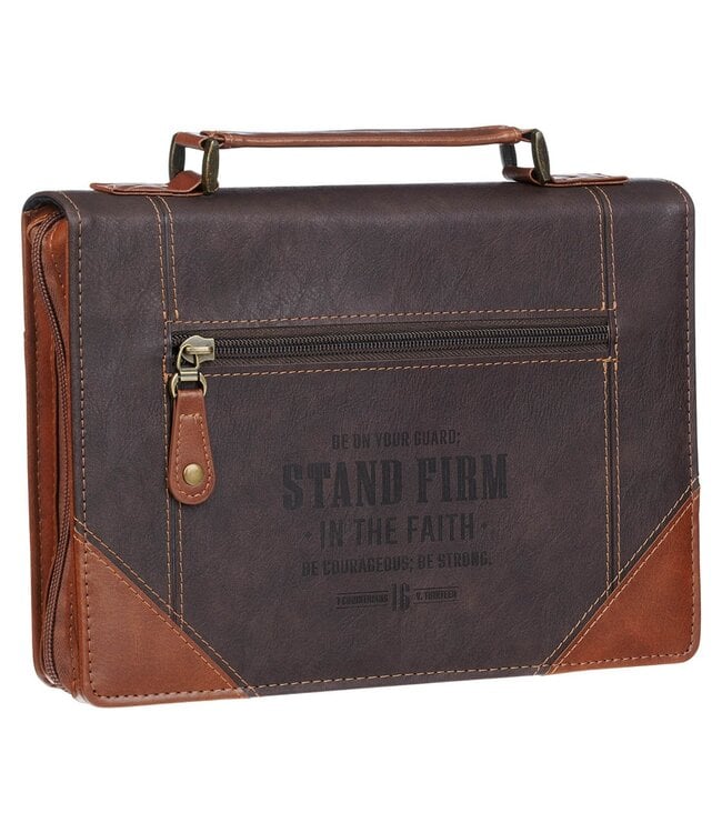 Stand Firm Espresso and Honey-brown Faux Leather Classic Bible Cover - 1 Corinthians 16:13 | 仿皮經典聖經套
