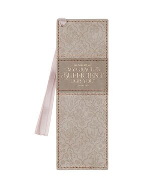 Christian Art Gifts Sufficient Grace Taupe Floral Faux Leather Bookmark - 2 Corinthians 12:9 | 仿皮書籤