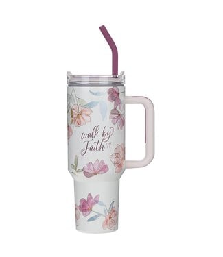 Christian Art Gifts Walk by Faith Pink Cosmos 40 oz Stainless Steel Tumbler with Straw - 2 Corinthians 5:7 | 40盎司不鏽鋼吸管杯