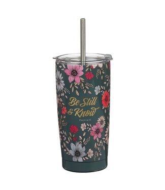 Christian Art Gifts Be Still Teal Botanical Stainless Steel Tumbler With Reusable Straw - Psalm 46:10 | 不鏽鋼杯附不鏽鋼吸管