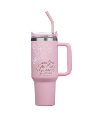 Christian Art Gifts Things Are Possible Pink Poppy Stainless Steel Tumbler with Straw - Matthew 19:26 | 附吸管的不鏽鋼杯