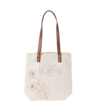 Christian Art Gifts Always Be Joyful Taupe Floral Canvas Tote Bag - 1 Thessalonians 5:16 | 帆布手提袋