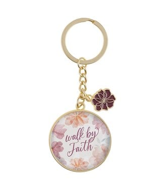 Christian Art Gifts Walk by Faith Pink Cosmos Metal Keychain with Link Chain Medallion - 2 Corinthians 5:7 | 金屬鑰匙圈