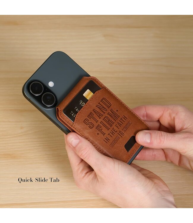 Stand Firm Honey-brown Faux Leather Phone Wallet with Stand - 1 Corinthians 16:13 | 仿皮手機 Magsafe 錢包