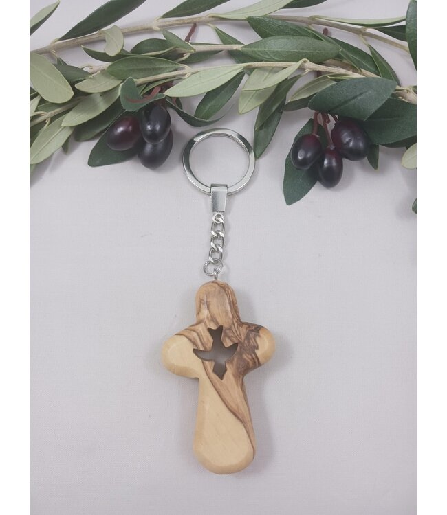 Olive Wood Comfort Cross Keychain: Handheld Dove Design | 橄欖木十字架鑰匙圈——鴿子